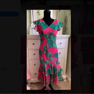 Tommy Hilfiger Pink and Green Leaf Print Midi Dress